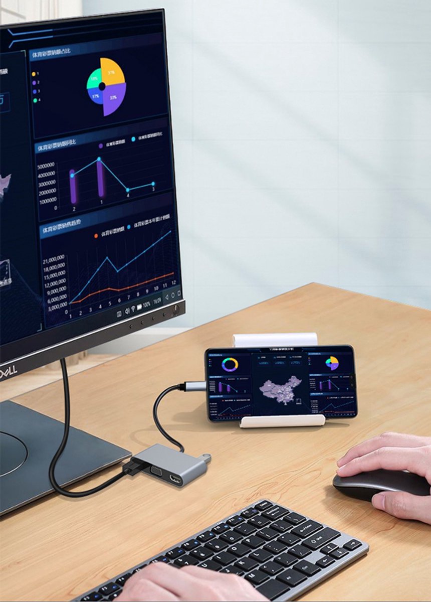 USB-C Adapter naar 2x HDMI en VGA met Oplaadpoort voor Laptop en MacBook