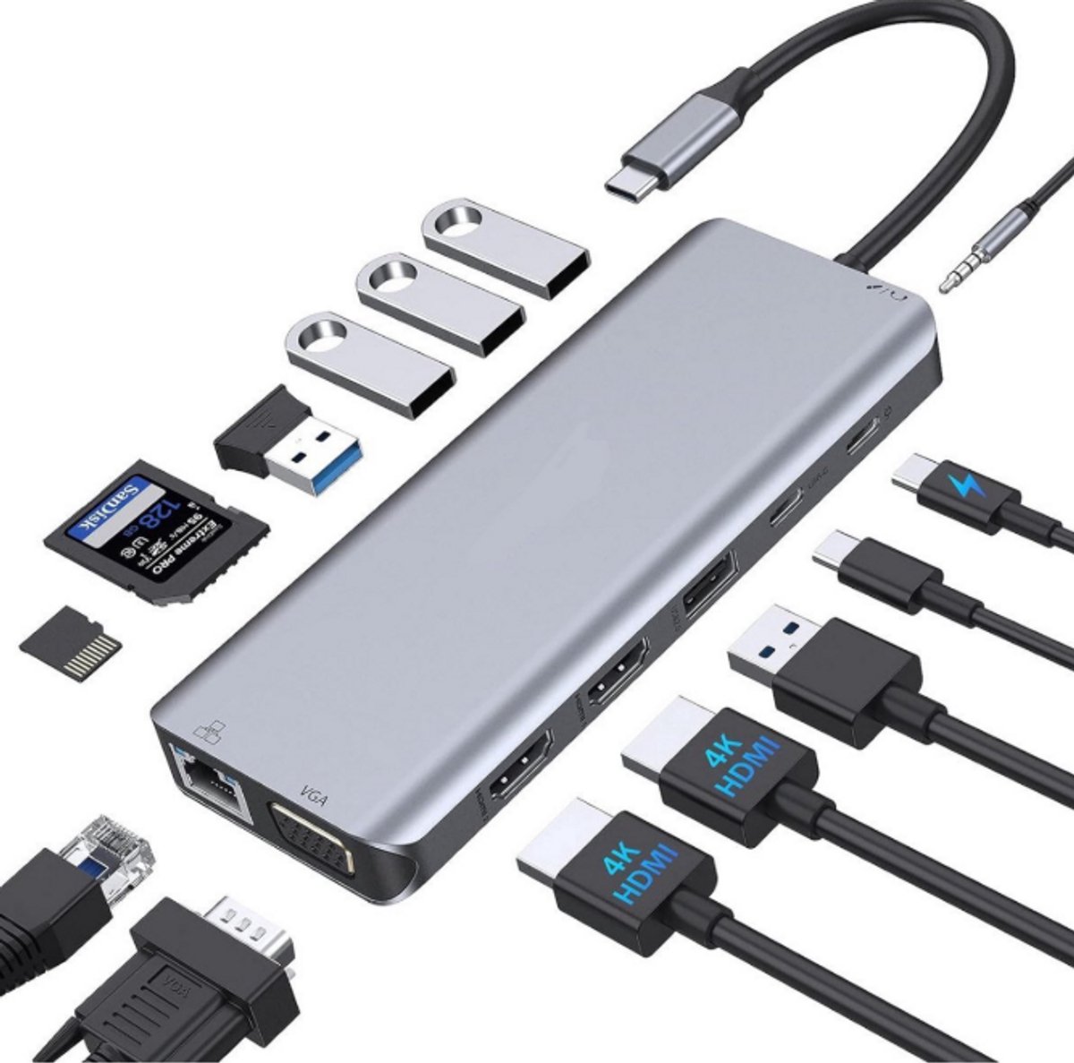 USB C Docking Station 2x HDMI VGA Ethernet USB3.0 USB2.0 PD Card Reader