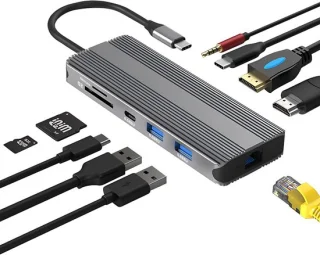USB-C Dockingstation Hub Adapter 10-in-1 Grijs
