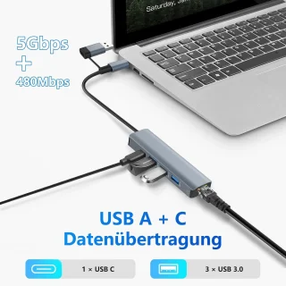 USB-C Gigabit LAN-adapter met 3 USB-3.0-poorten en type-c-poort