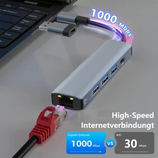 USB-C Gigabit LAN-adapter met 3 USB-3.0-poorten en type-c-poort