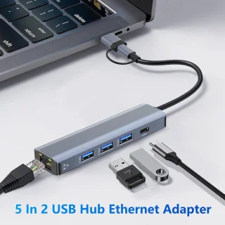 USB-C Gigabit LAN-adapter met 3 USB-3.0-poorten en type-c-poort