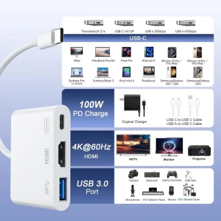 USB-C HDMI adapter - multiport hub - 3-in-1 - grijs