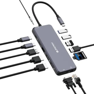 USB-C Hub 14-poorts Adapter - Grijs