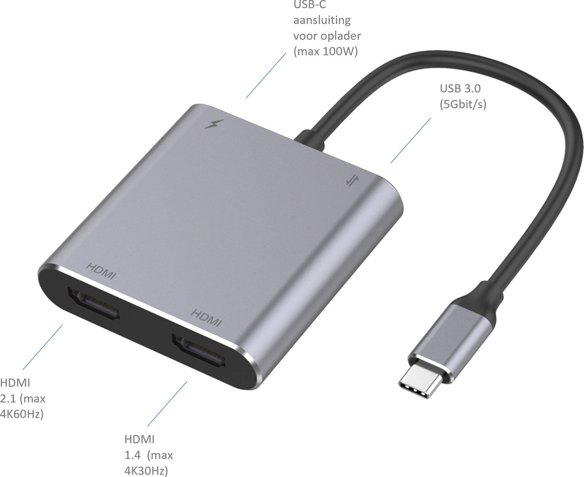 USB-C Hub 2x HDMI + USB3.0 + USB-C Opladen Compact