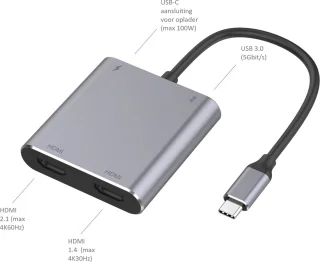USB-C Hub 2x HDMI + USB3.0 + USB-C Opladen Compact