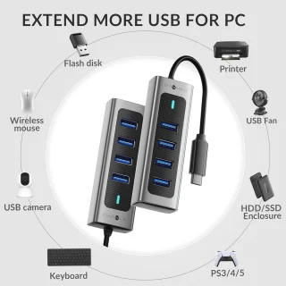 USB-C hub 4-poorts USB 3.0 aluminium grijs
