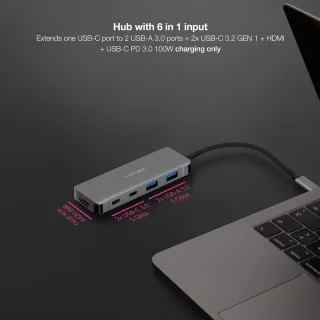 USB-C hub converter multiport adapter 6 poorten 15 cm grijs