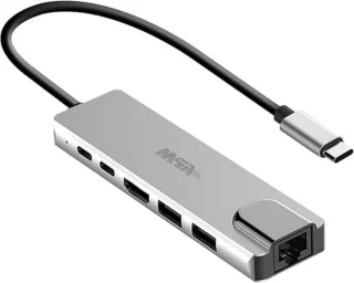 USB-C hub met 6 poorten, HDMI en RJ45, grijs