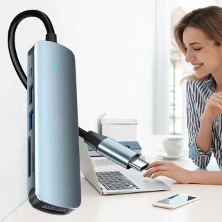 USB C hub multipoort adapter 6-in-1 grijs