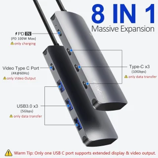 USB C-hub multipoortadapter grijs