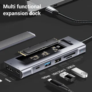 USB-c hub - type c dock - werkruimte uitbreiden - aluminium constructie - 8 in 1 - grijs