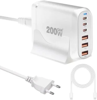 USB-C lader 200W 6-poorts met 100W USB-C kabel