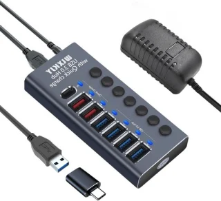 USB-hub met 7 poorten inclusief PD-voeding van 36 W in aluminium grijs