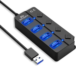 USB-hub met individuele schakelaars, 10,5 cm, zwart