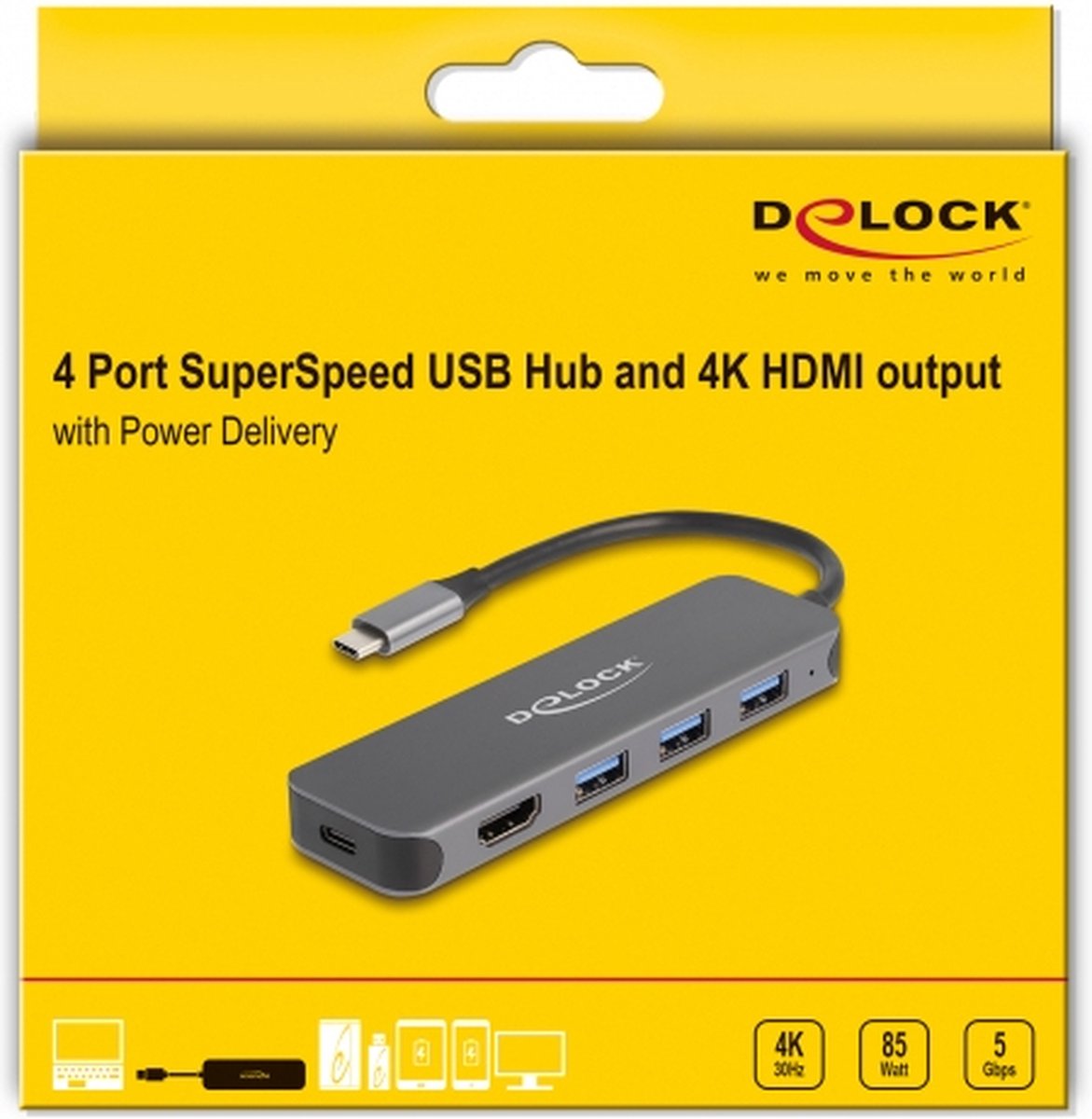 USB Type-C 3 Poort Hub met 4K HDMI en 85W PD