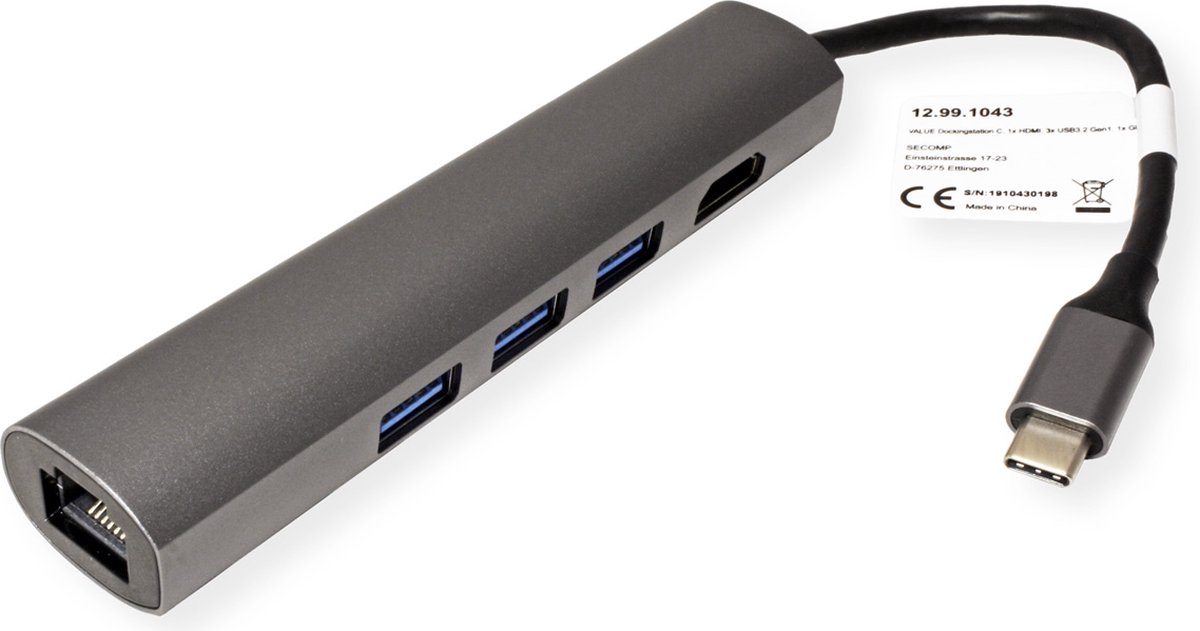 De VALUE USB-C dockingstation HDMI 4K 3x USB-A Gigabit Ethernet grijs in één oogopslag