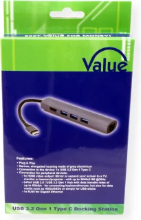 VALUE USB-C dockingstation HDMI 4K 3x USB-A Gigabit Ethernet grijs