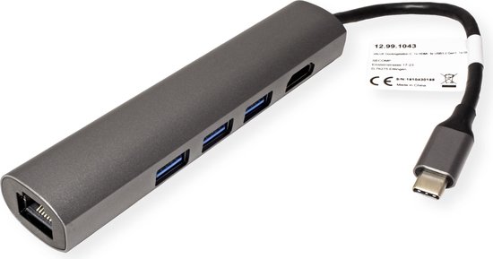 VALUE USB-C dockingstation HDMI 4K 3x USB-A Gigabit Ethernet grijs review