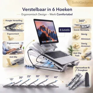 Wat vinden we goed aan de Verstelbare laptopstandaard met USB-C docking station