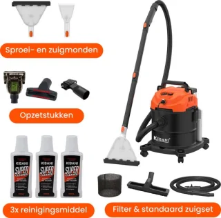 Kibani Nat/ Droogzuiger - Inclusief 3 flessen Reinigingsmiddel - Alleszuiger met Accessoires - met Sproeifunctie - 1600W - Tapijtreiniger - Inclusief Opzetstukken