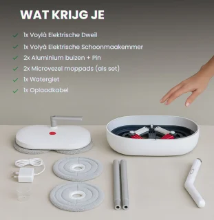 Voylà® Elektrische Dweil - 4 in 1 Elektrische Dweil - Elektrische Vloerreiniger - Zelfreinigingssysteem - Draadloos - Oplaadbaar - 60 min Accuduur - Perfect voor alle Vloertypen - Inclusief 2 gratis zelfreinigende pads en Waterdichte opbergtas