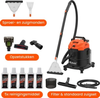 Kibani Nat/ Droogzuiger - Inclusief 5 flessen Reinigingsmiddel - Alleszuiger met Accessoires - met Sproeifunctie - 1600W - Tapijtreiniger - Inclusief Opzetstukken
