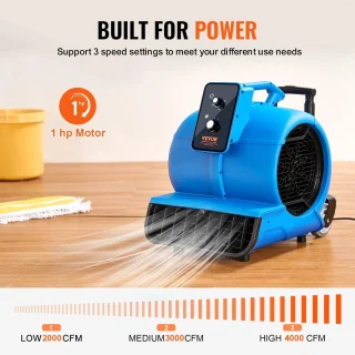 Vloerblazer 1400 RPM - Luchtverplaatser Vloerdroger - 4000 CFM - 3 Snelheden - 3 Hoekinstellingen - Timer 3 Uur - Droog & Koel - Voor Tapijt, Garage & Werkplaats - Efficiënt & Compact