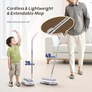 Elektrische Dweil – Dubbele Roterende Mop – Snoerloos – Met Watersproeier, LED-Koplamp & Verstelbare Steel – Voor Houten Vloeren, Tegels & Marmer - TELEO