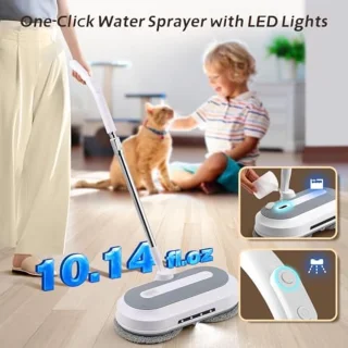 Elektrische Dweil – Dubbele Roterende Mop – Snoerloos – Met Watersproeier, LED-Koplamp & Verstelbare Steel – Voor Houten Vloeren, Tegels & Marmer - TELEO