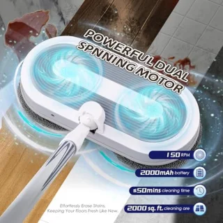 Elektrische Dweil – Dubbele Roterende Mop – Snoerloos – Met Watersproeier, LED-Koplamp & Verstelbare Steel – Voor Houten Vloeren, Tegels & Marmer - TELEO