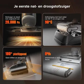 Draadloze all-in-one nat-droogstofzuiger - 20.000 Pa krachtige vloerreiniger met zelfreiniging en drogen