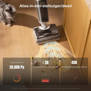 Draadloze all-in-one nat-droogstofzuiger - 20.000 Pa krachtige vloerreiniger met zelfreiniging en drogen
