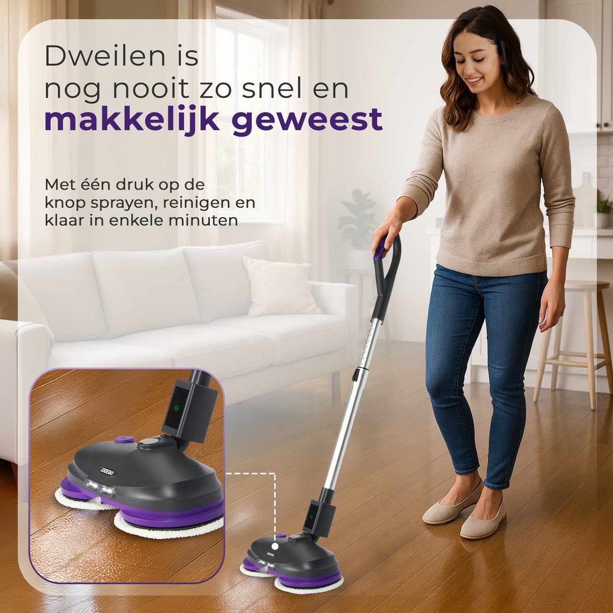 Wat vinden we goed aan de IDEEBO Elektrische Dweil Vloermop Draadloos