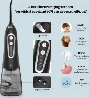 Water Flosser - Elektrische Monddouche met 300ML Watertank en 5 Modi, 5 Spuitmonden - Professionele IPX7 Waterdichte Tandreiniger met USB-Oplader voor Thuis en Reizen - Flosapparaten - Zwart