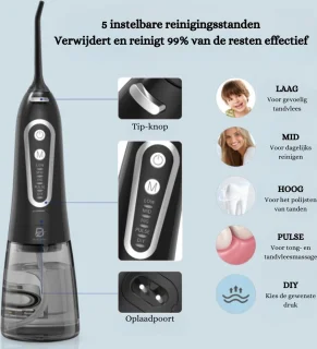 Water Flosser - Elektrische Monddouche met 300ML Watertank en 5 Modi, 5 Spuitmonden - Professionele IPX7 Waterdichte Tandreiniger met USB-Oplader voor Thuis en Reizen - Flosapparaten - Zwart