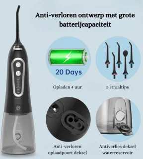 Water Flosser - Elektrische Monddouche met 300ML Watertank en 5 Modi, 5 Spuitmonden - Professionele IPX7 Waterdichte Tandreiniger met USB-Oplader voor Thuis en Reizen - Flosapparaten - Zwart