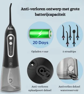 Water Flosser - Elektrische Monddouche met 300ML Watertank en 5 Modi, 5 Spuitmonden - Professionele IPX7 Waterdichte Tandreiniger met USB-Oplader voor Thuis en Reizen - Flosapparaten - Zwart