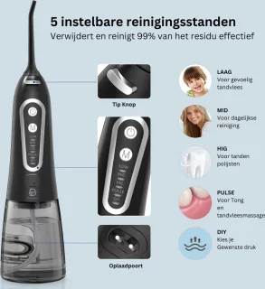 Waterflosser - Tandreiniger - 300ML - 5 Mondstukken - USB Oplaadbaar Elektrische Monddouche - IPX7 - Flosapparaten - Lange Batterijduur - Draadloze Water Flosser - Wit
