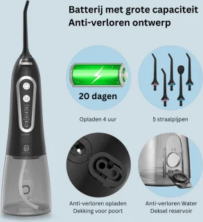 Waterflosser - Tandreiniger - 300ML - 5 Mondstukken - USB Oplaadbaar Elektrische Monddouche - IPX7 - Flosapparaten - Lange Batterijduur - Draadloze Water Flosser - Wit