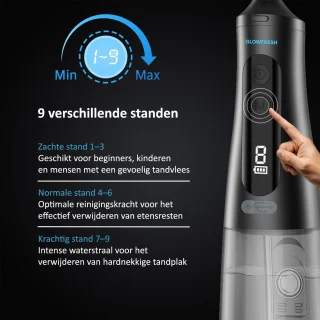 Waterflosser Glowfresh | Monddouche & Tongreiniger | Draadloos Flosapparaat met 9 standen | Voor Tanden, Beugels, Tandvlees & Tandplak | Inclusief Extra Opzetstukken