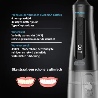 Waterflosser Glowfresh | Monddouche & Tongreiniger | Draadloos Flosapparaat met 9 standen | Voor Tanden, Beugels, Tandvlees & Tandplak | Inclusief Extra Opzetstukken