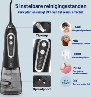 Wat vinden we goed aan de Professionele waterflessen met 5 modes, 5 sproeiers - waterdichte monddouche - watertank van 300ML