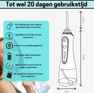 BOME Waterflosser Draadloos Wit met 7 Opzetstukjes