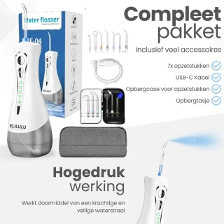 ELILULU Elektrische Waterflosser 320ML met 7 Opzetstukken en 50 Tandenstokers