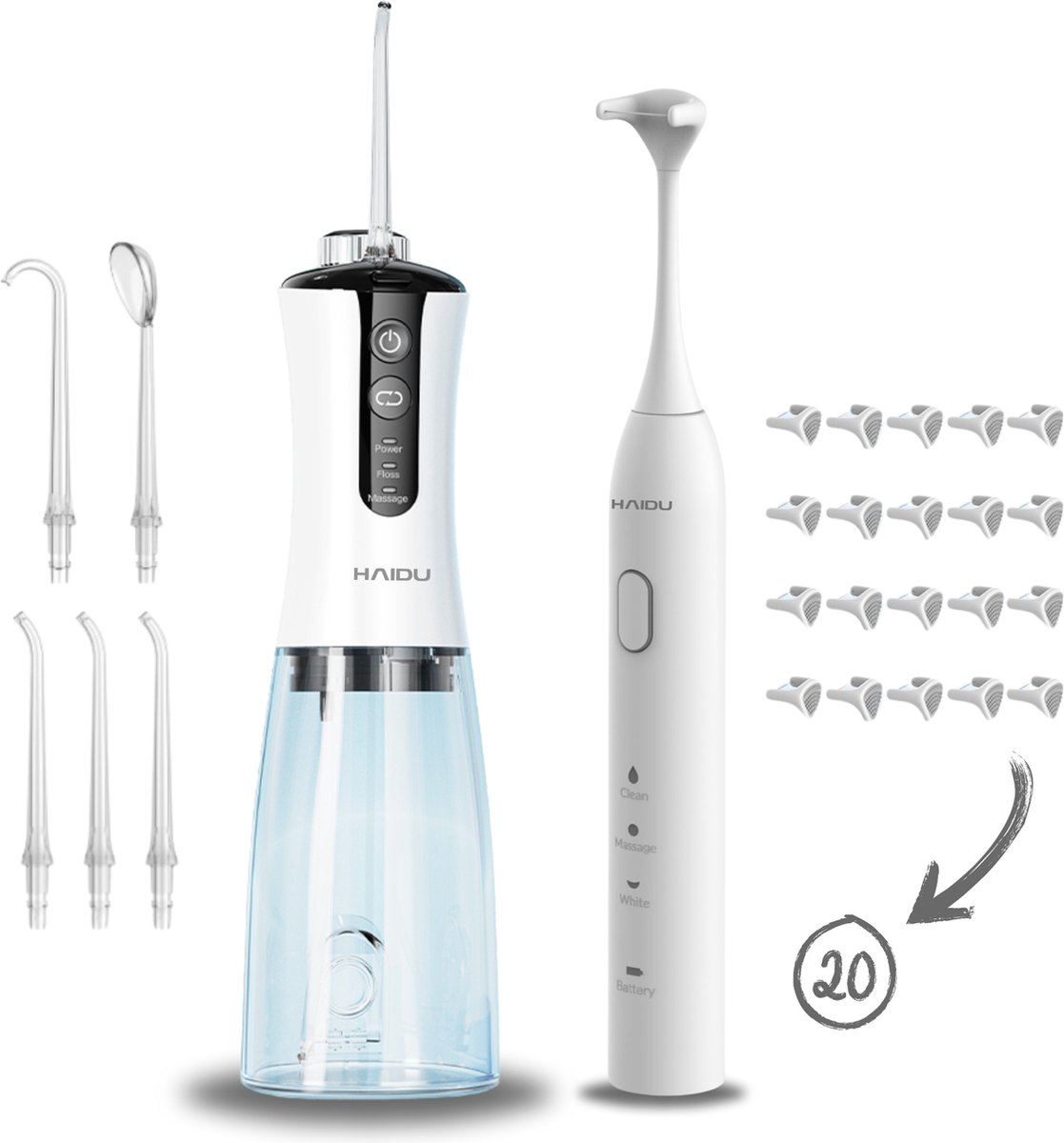 De HAIDU Pro Flow Waterflosser & Tongschraper Wit in één oogopslag