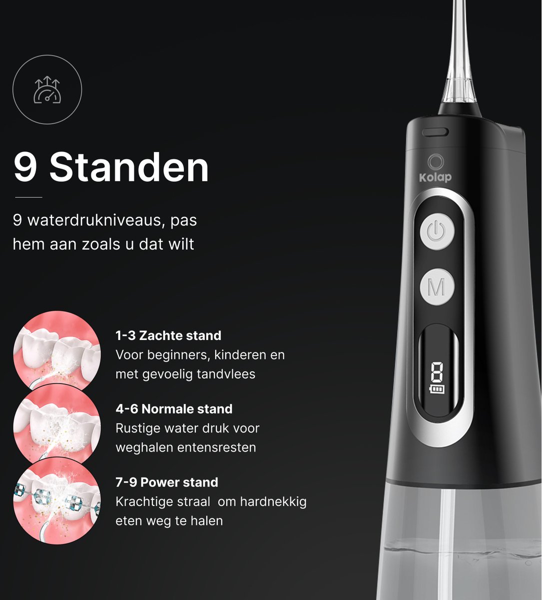 Wat vinden we goed aan de Kolap Waterflosser Midnight Edition draadloos flosapparaat