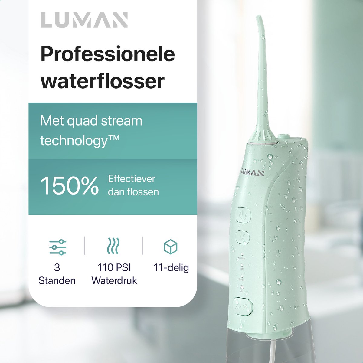 Wat vinden we goed aan de LUMAN Waterflosser Draadloos Groen met 8 Opzetstukken