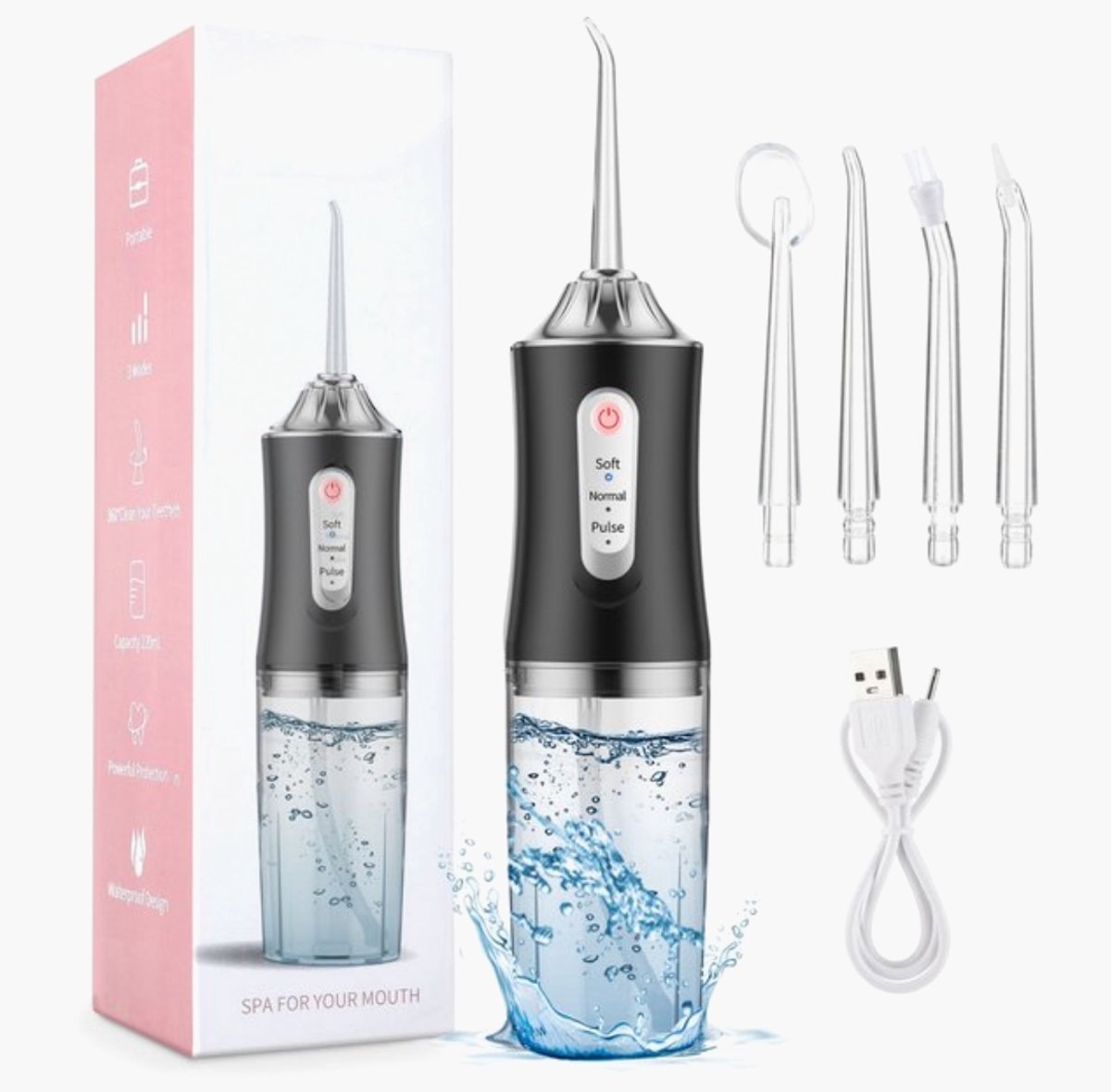 De Monddouche Waterflosser Draadloos USB Zwart in één oogopslag