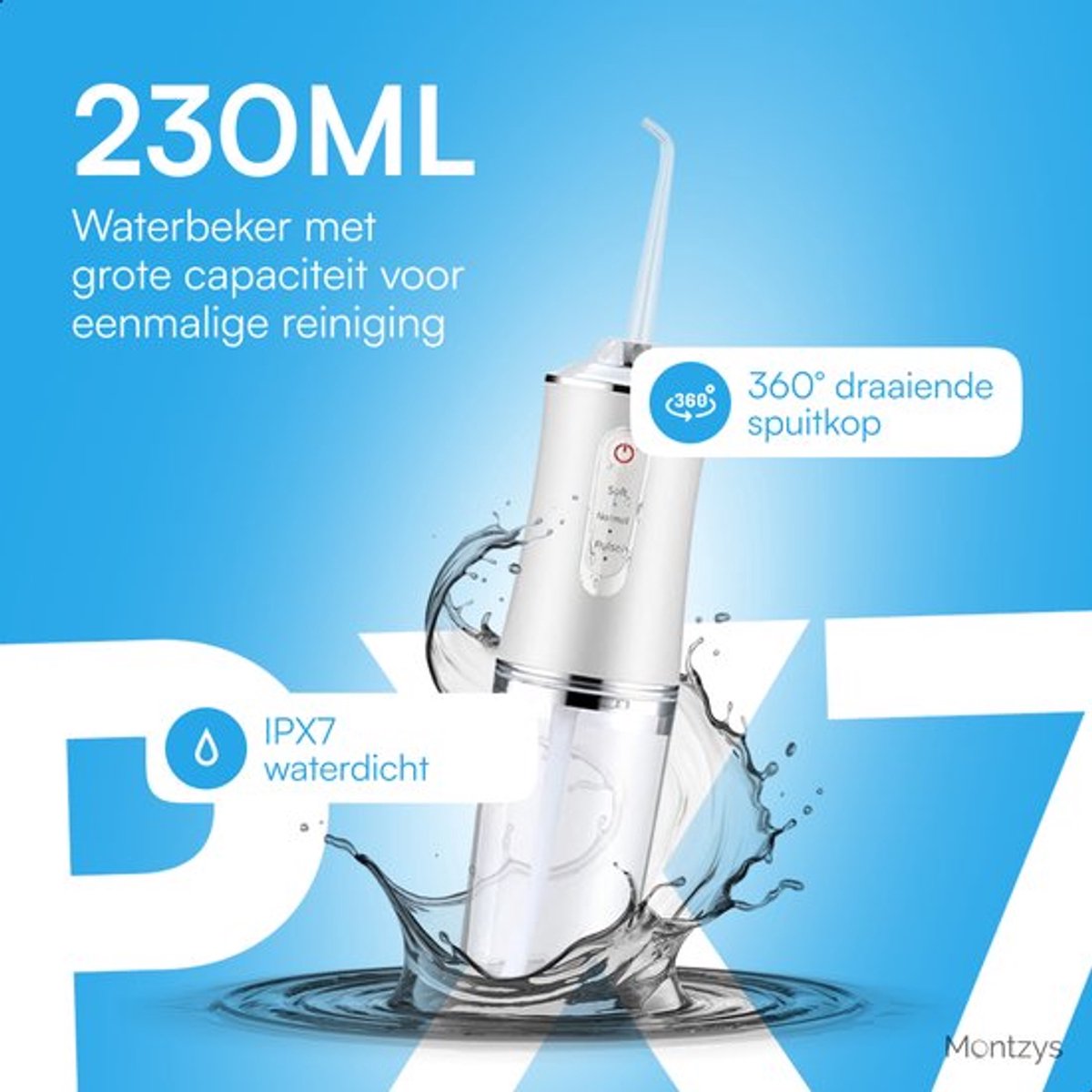 Wat vinden we goed aan de Montzys Waterflosser elektrische tandenflosser met 4 opzetstukjes